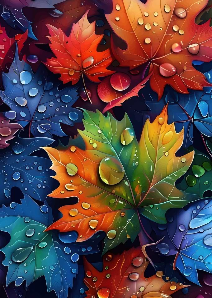 Colorful Autumn Leaves with Water Droplets