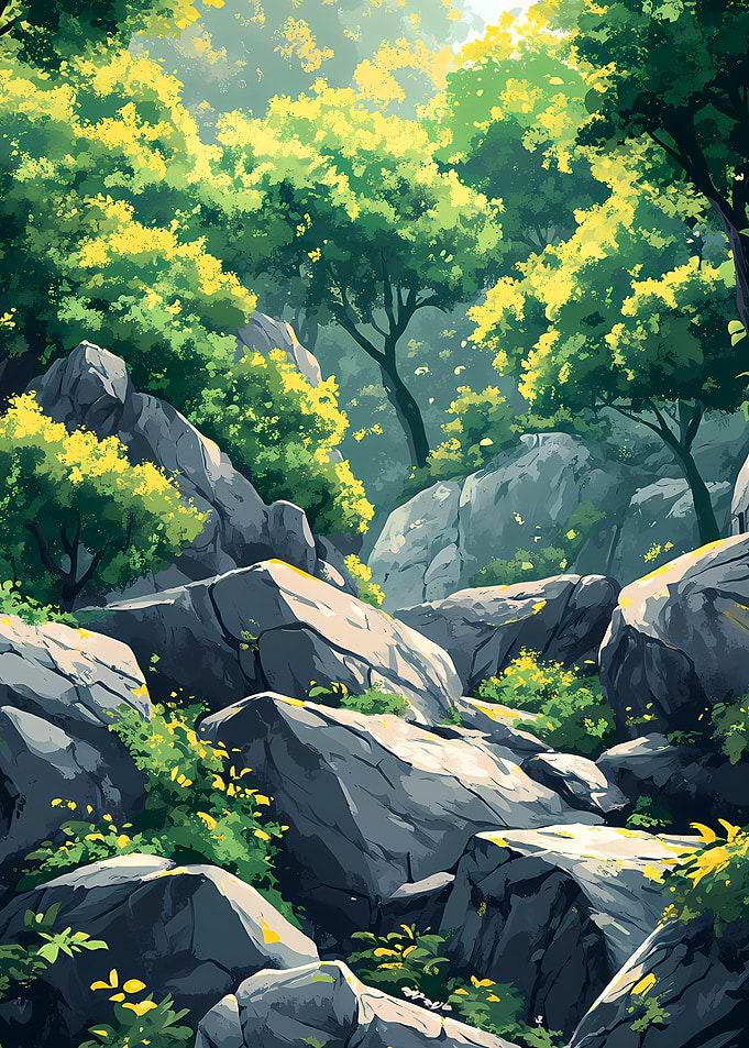 Rocky Forest Landscape with Green Trees
