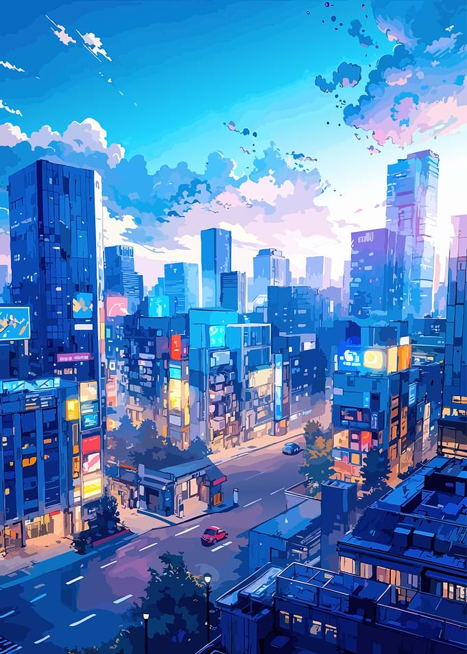 Anime-Style Cityscape with Blue Tones