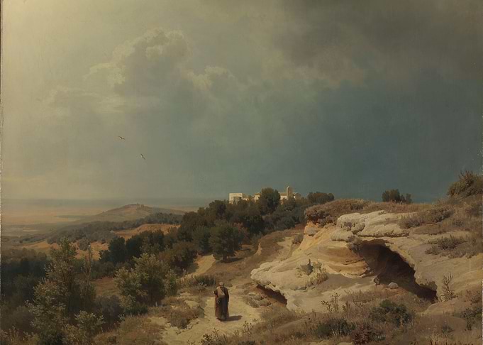 Monk in Landscape with Distant Town