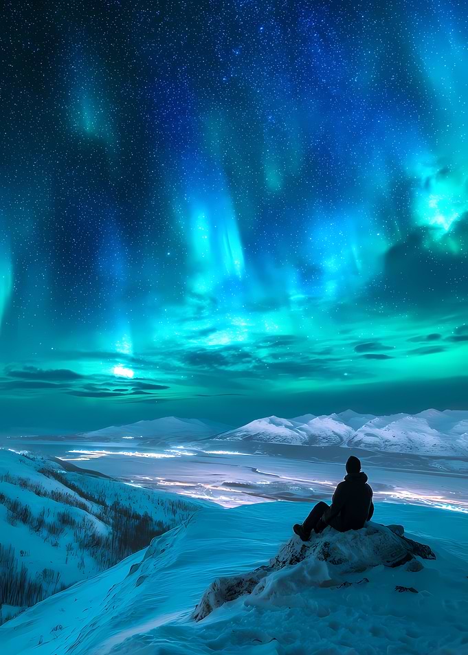 Aurora Borealis with Person on Mountain