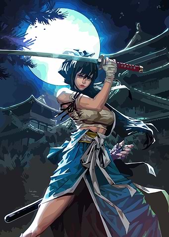 Female Samurai Warrior Under Moonlight