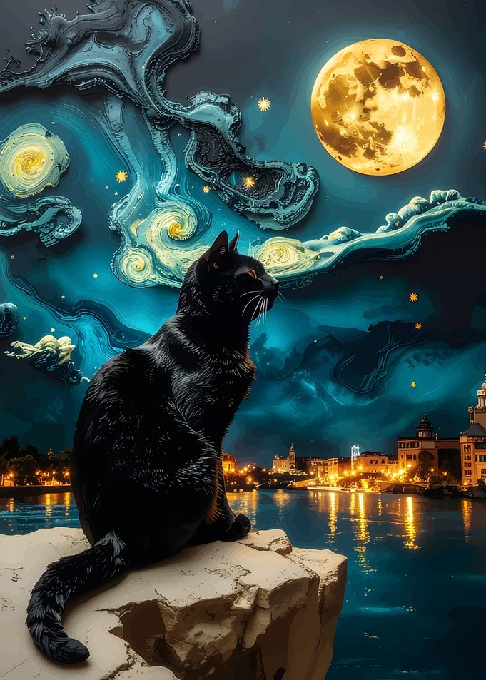 Black cat under starry night sky