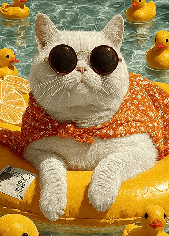 Cat on Float with Ducks