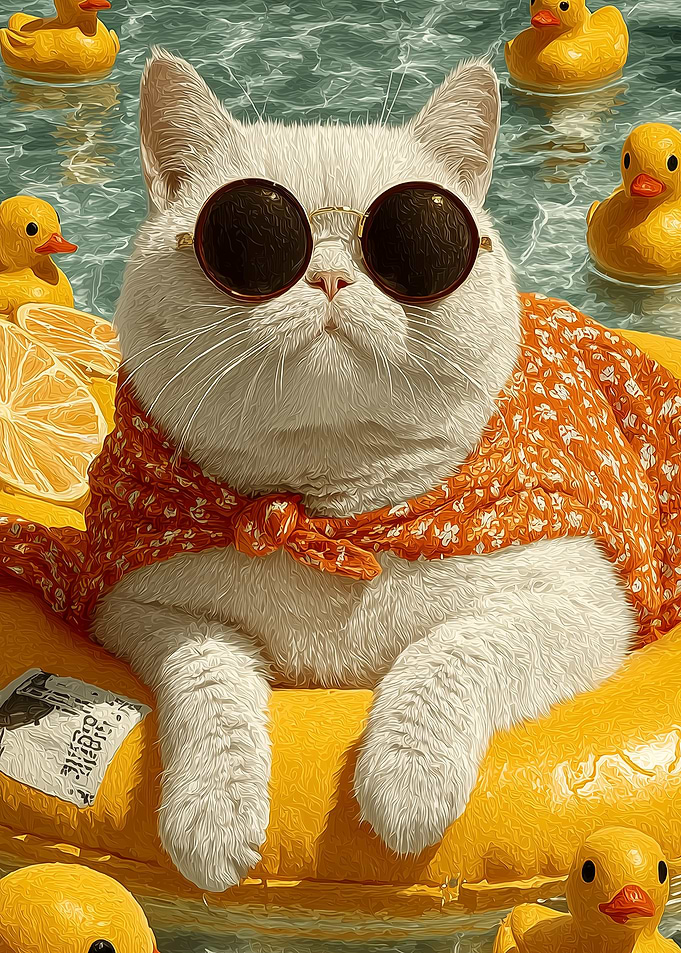 Cat on Float with Ducks