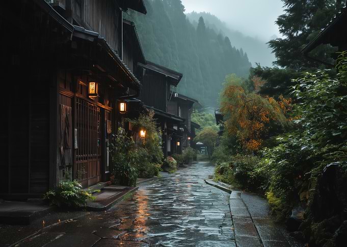 Rainy Japanese Street with Lanterns