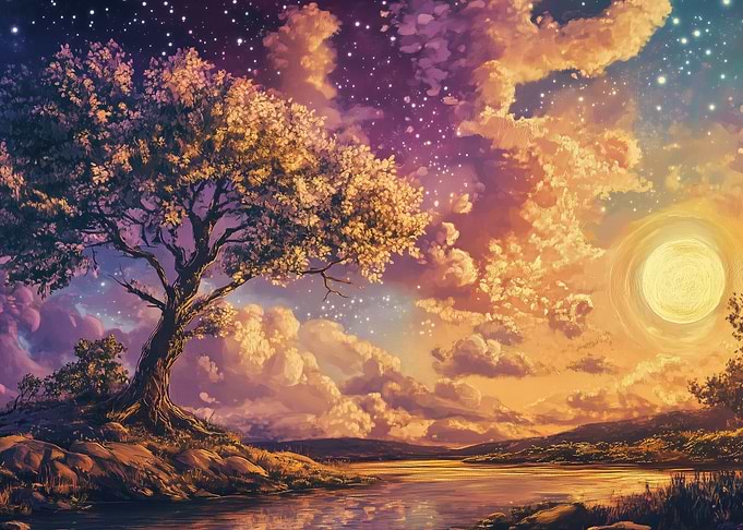 Fantasy Landscape with Tree and Lake