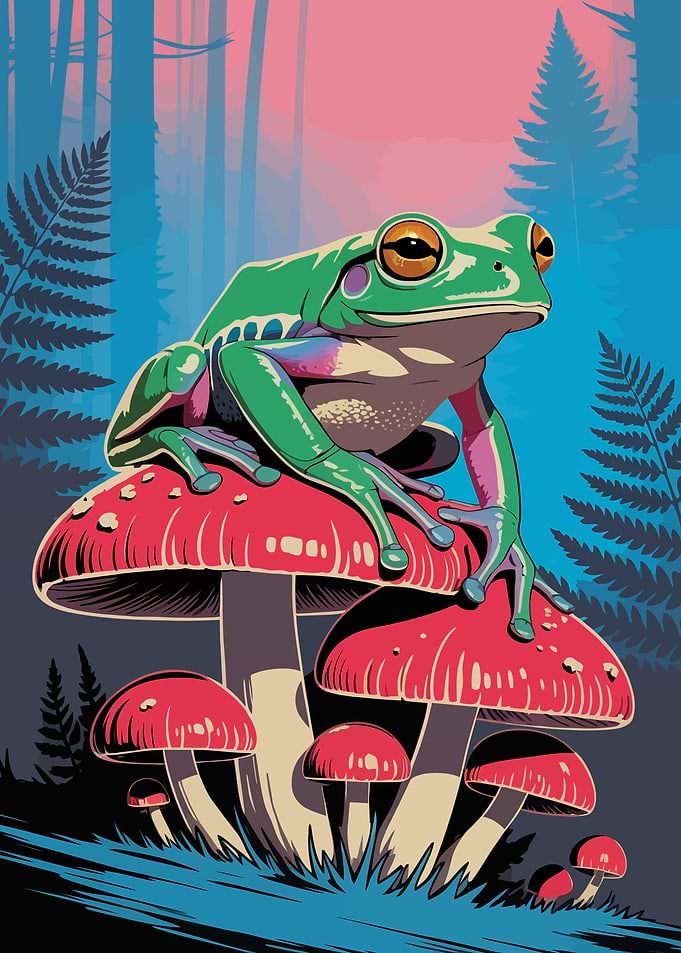 Frog on Mushrooms in Forest Illustration