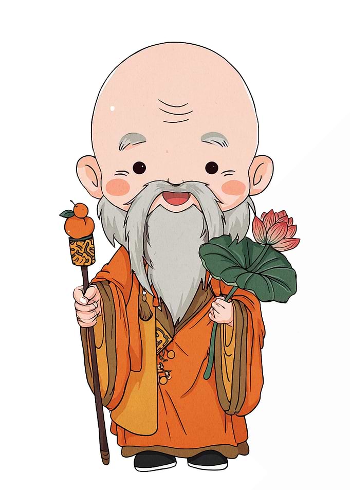 Cartoon Asian Sage with Lotus Flower