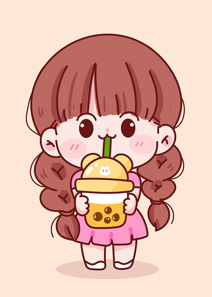 Cute Girl Drinking Bubble Tea Cartoon