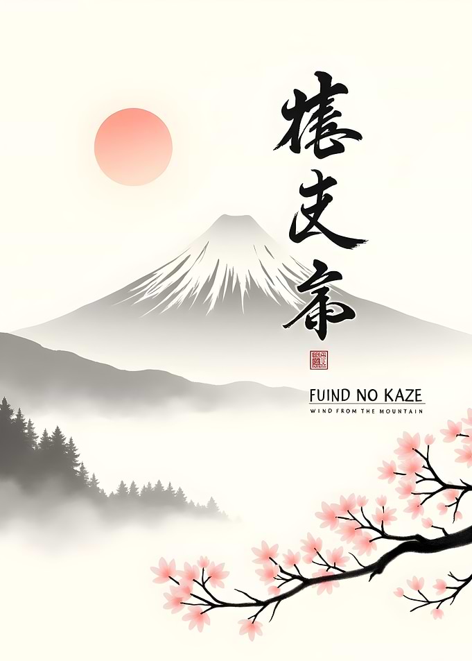 Japanese Mountain Landscape with Cherry Blossoms
