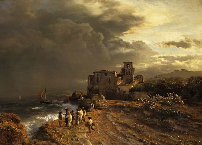Coastal Village Under Stormy Sky Painting