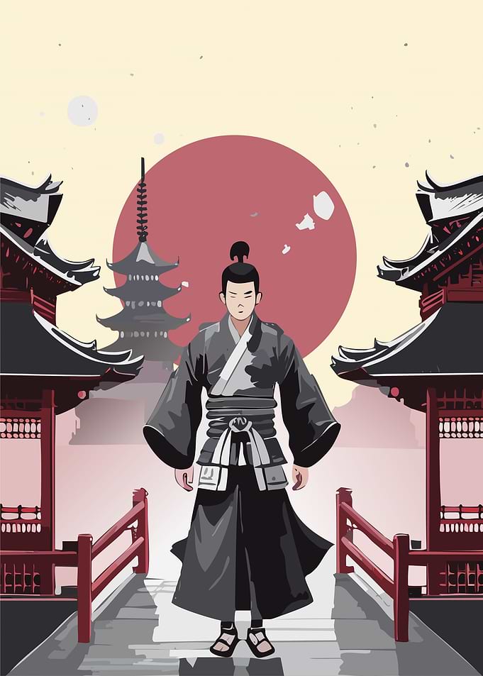Japanese Warrior on Bridge Illustration