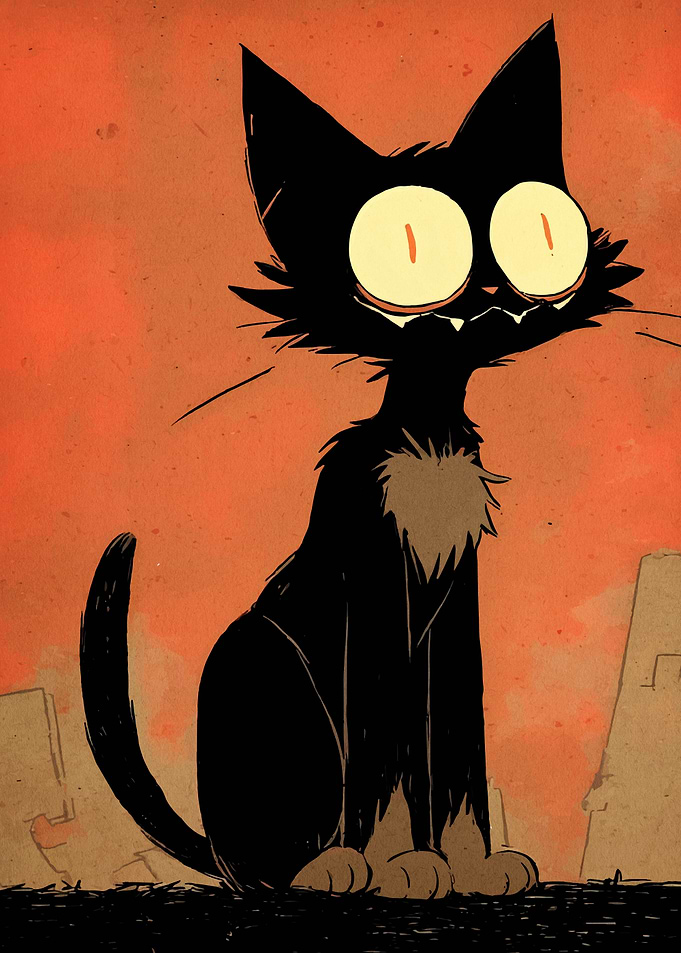 Cartoon Black Cat with Orange Background