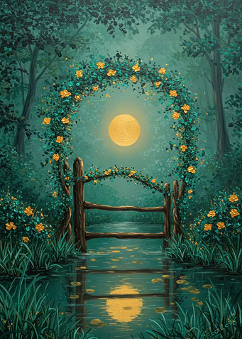Floral Gate to Moonlit Forest Pond