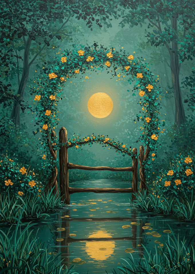 Floral Gate to Moonlit Forest Pond