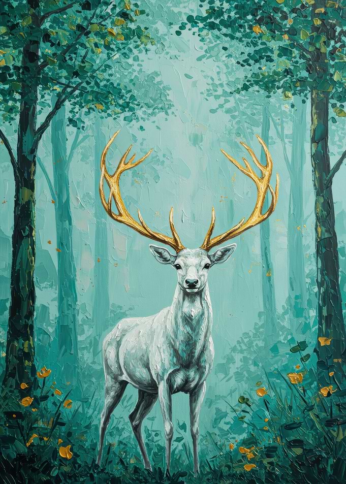 Golden Antlered Deer in Teal Forest