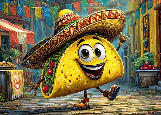 Happy Taco Cartoon Character with Sombrero