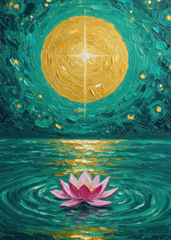 Lotus Flower Under Golden Moon Painting