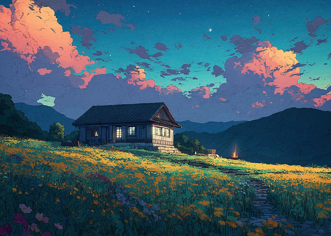 Cabin Field Dusk