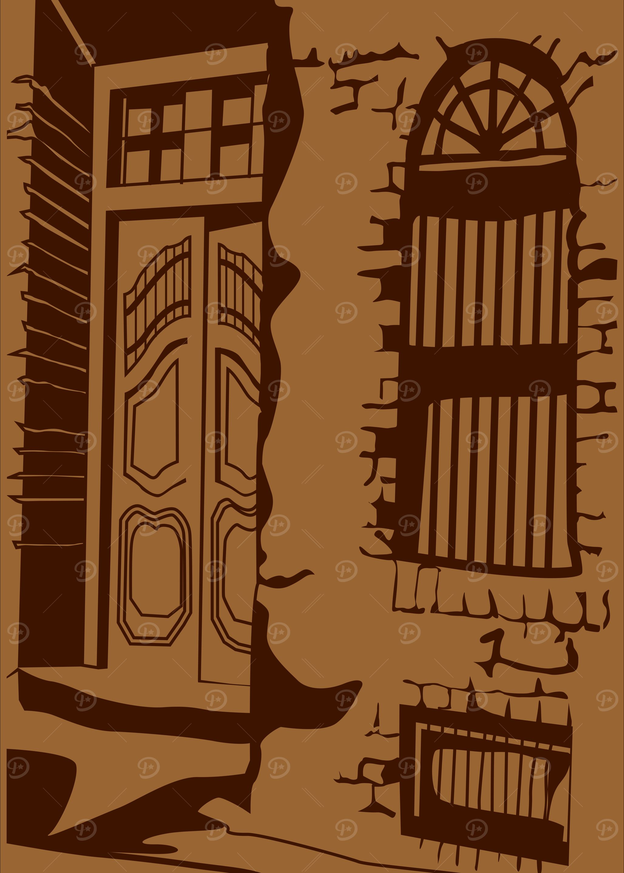Brown Building Facade with Door and Windows