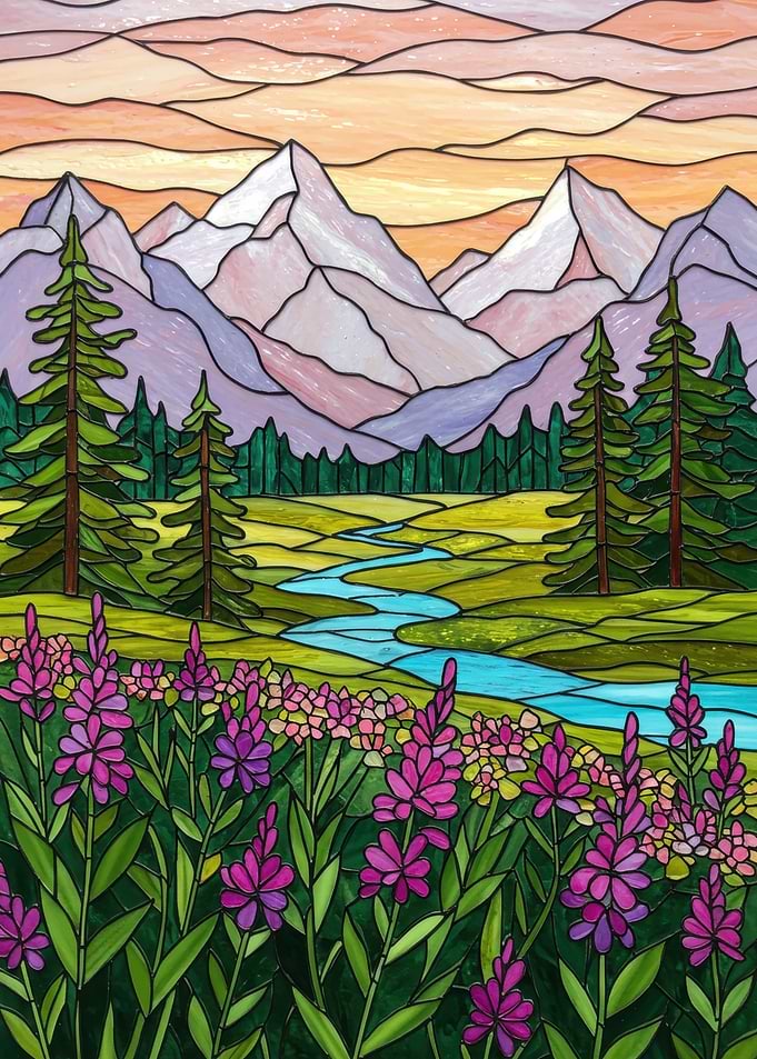 Stained Glass Mountain Landscape