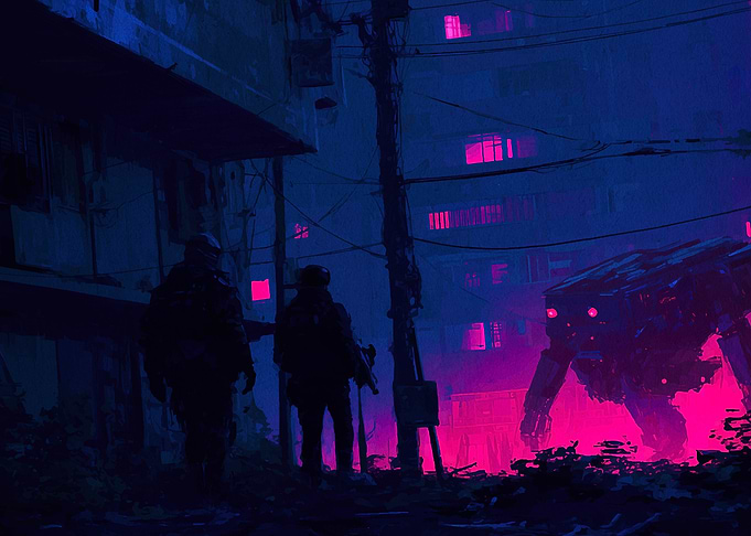 Cyberpunk Cityscape with Soldiers and Robot