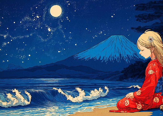 Japanese beach scene with Mount Fuji