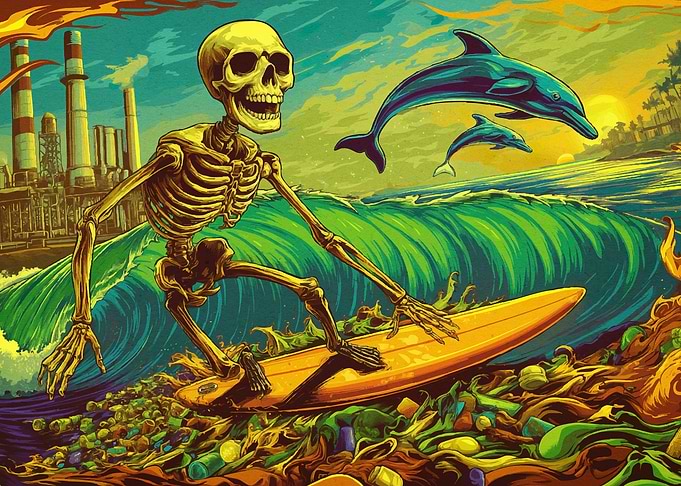 Skeleton Surfer Polluted Wave