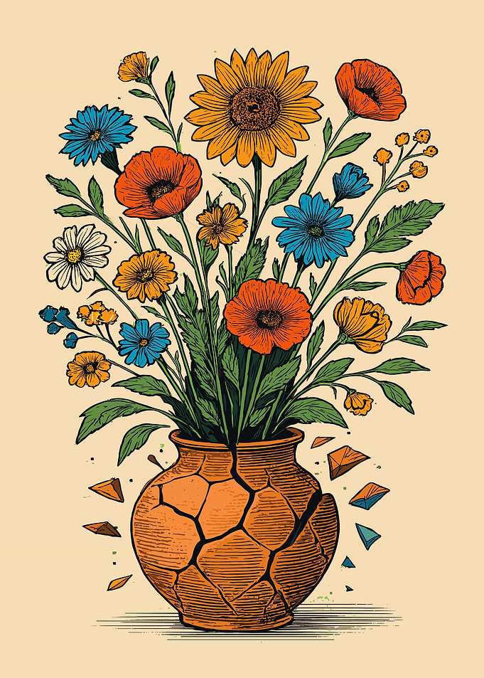 Floral Arrangement in Cracked Vase
