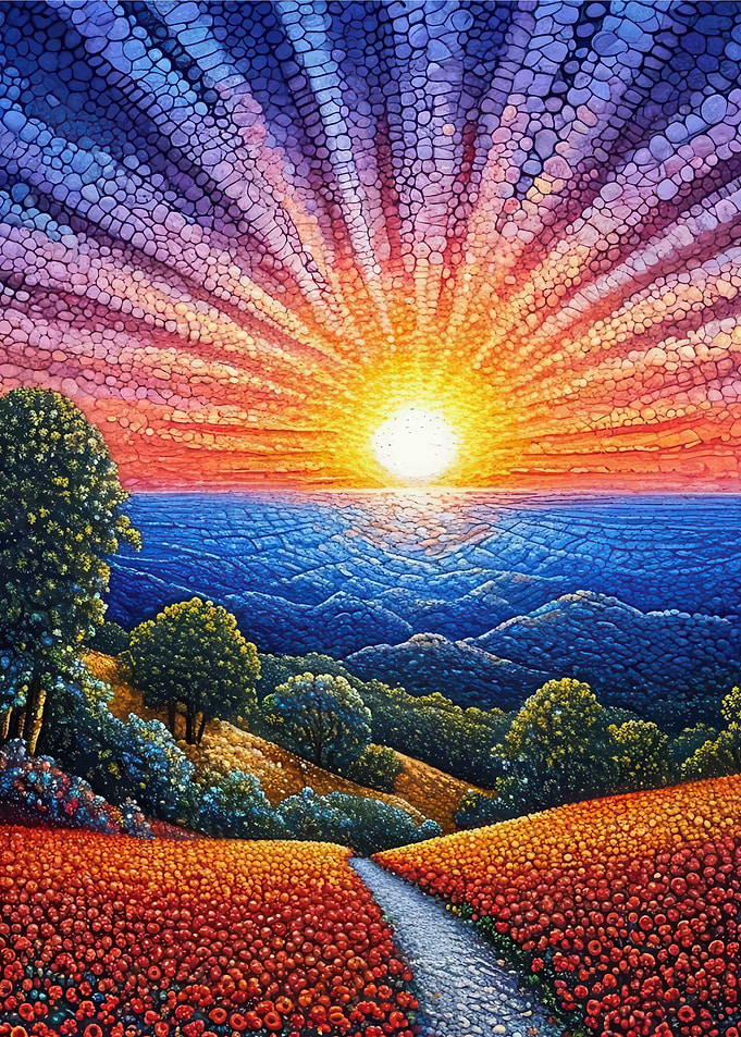 Vibrant Landscape with Sunset and Flowers