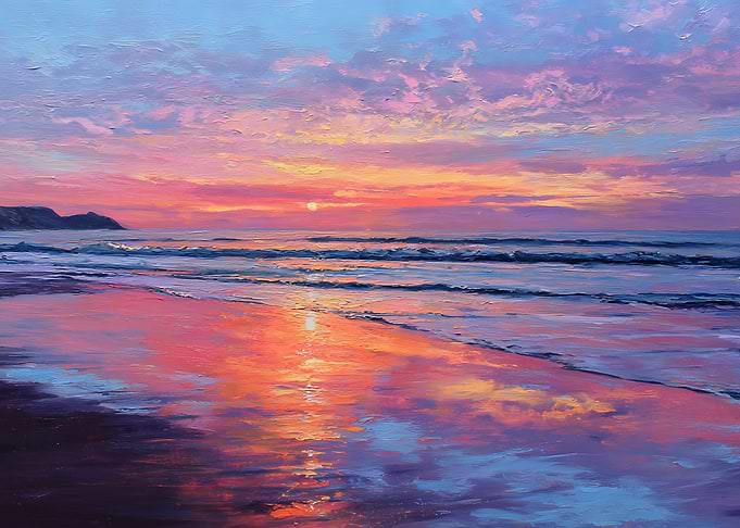 Coastal Sunset with Ocean Waves and Beach Reflection