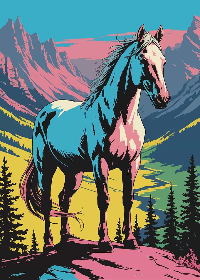 Colorful Horse in Mountain Landscape