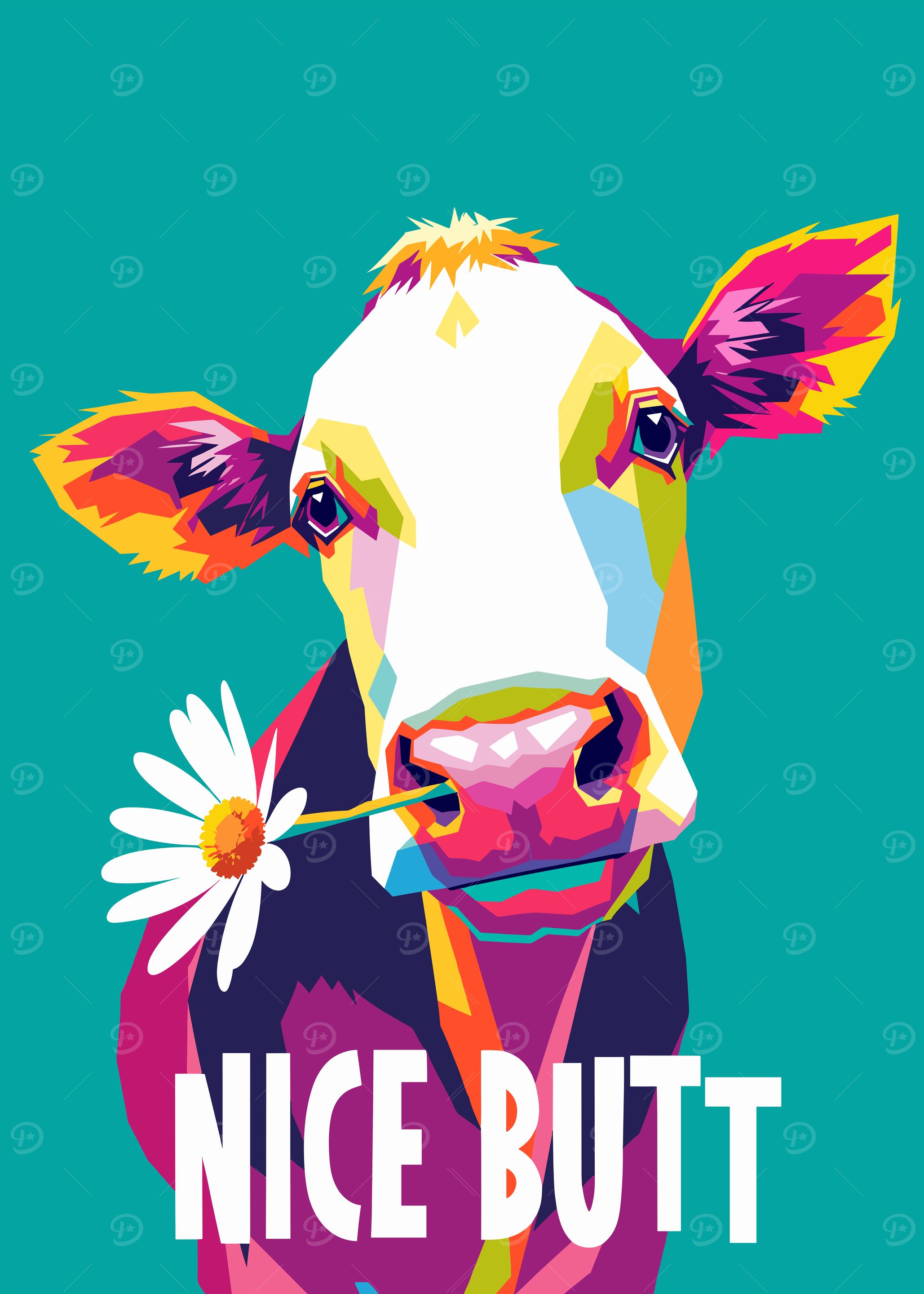Colorful Cow with Daisy and Text