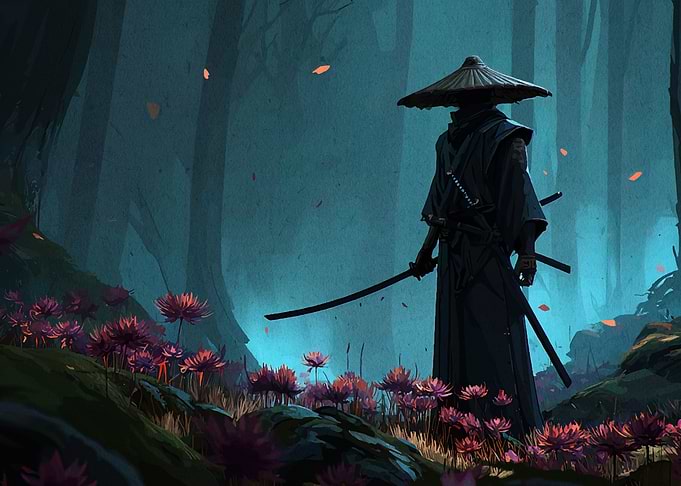 Samurai in Forest with Flowers