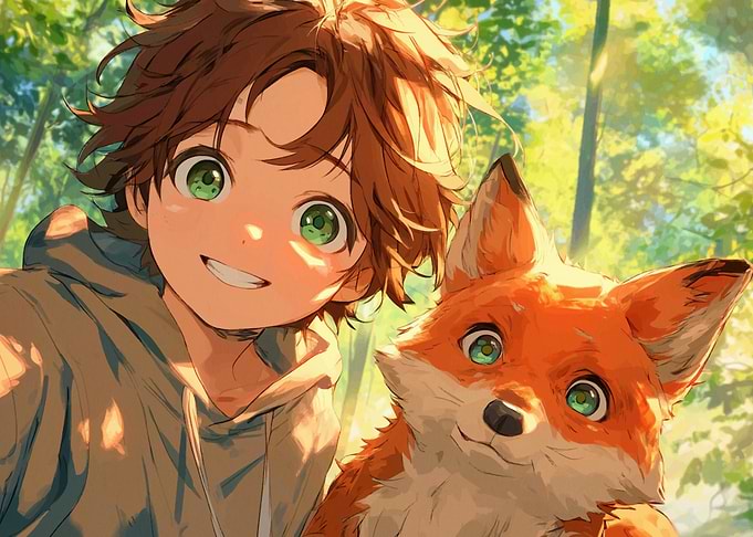 Anime Boy and Fox in Forest