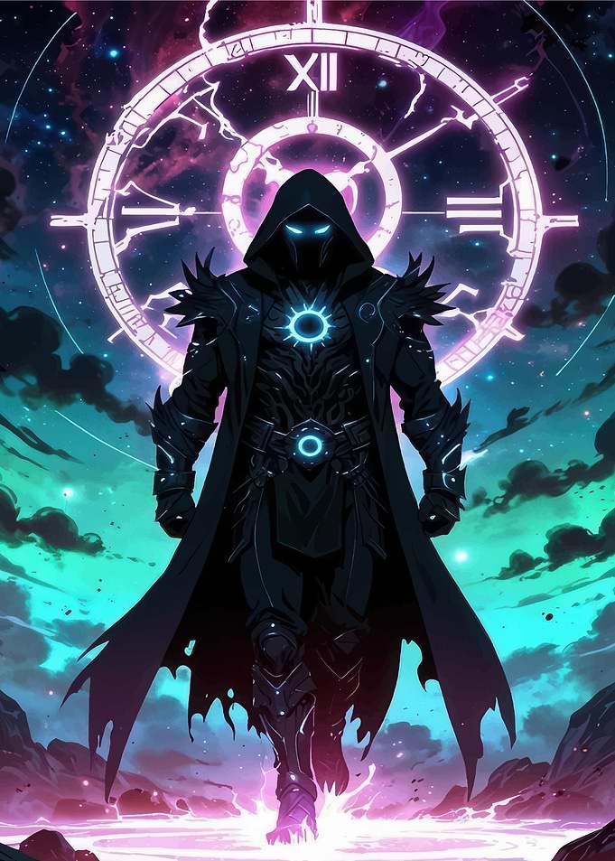 Hooded Figure with Clock Background