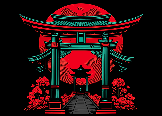 Japanese Torii Gate with Red Moon