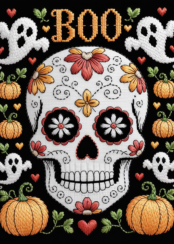 Halloween Embroidery Skull with Pumpkins and Ghosts