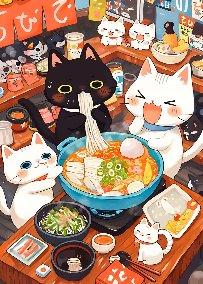 Cats eating ramen at a restaurant