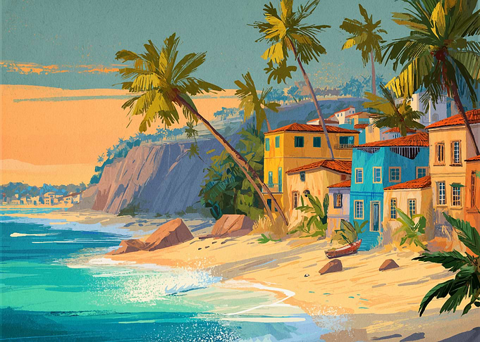 Tropical Beach Town Painting