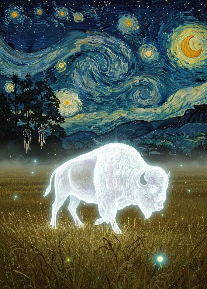 White Buffalo in Starry Night Style