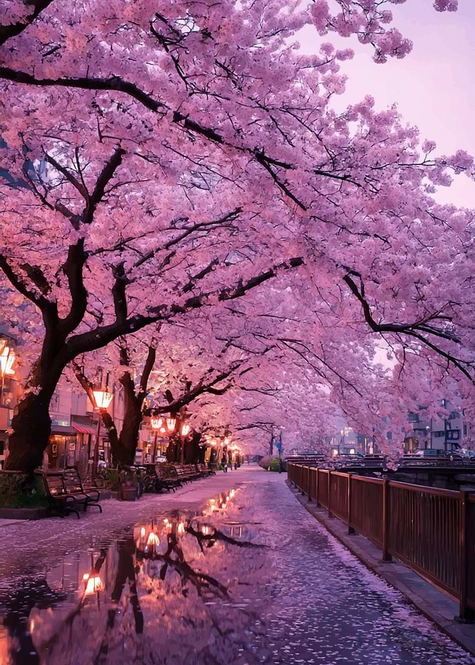 Cherry Blossom Path at Night