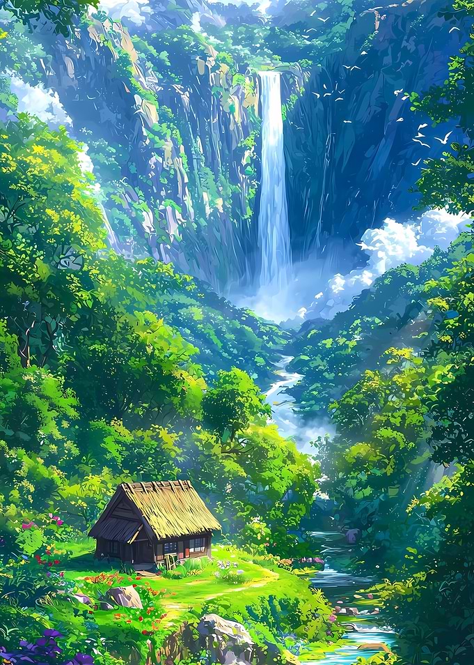 Lush Waterfall Landscape with Cottage