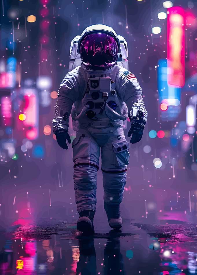 Astronaut in Neon Cityscape