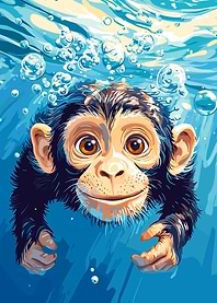 Monkey swimming underwater with bubbles