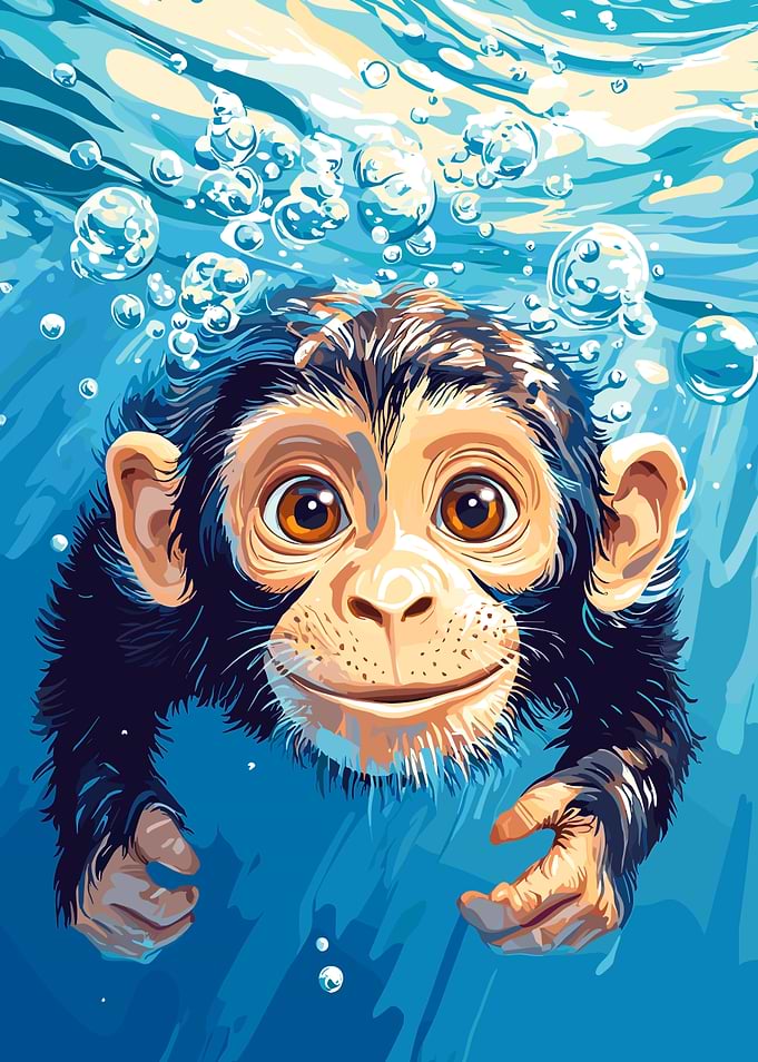 Monkey swimming underwater with bubbles