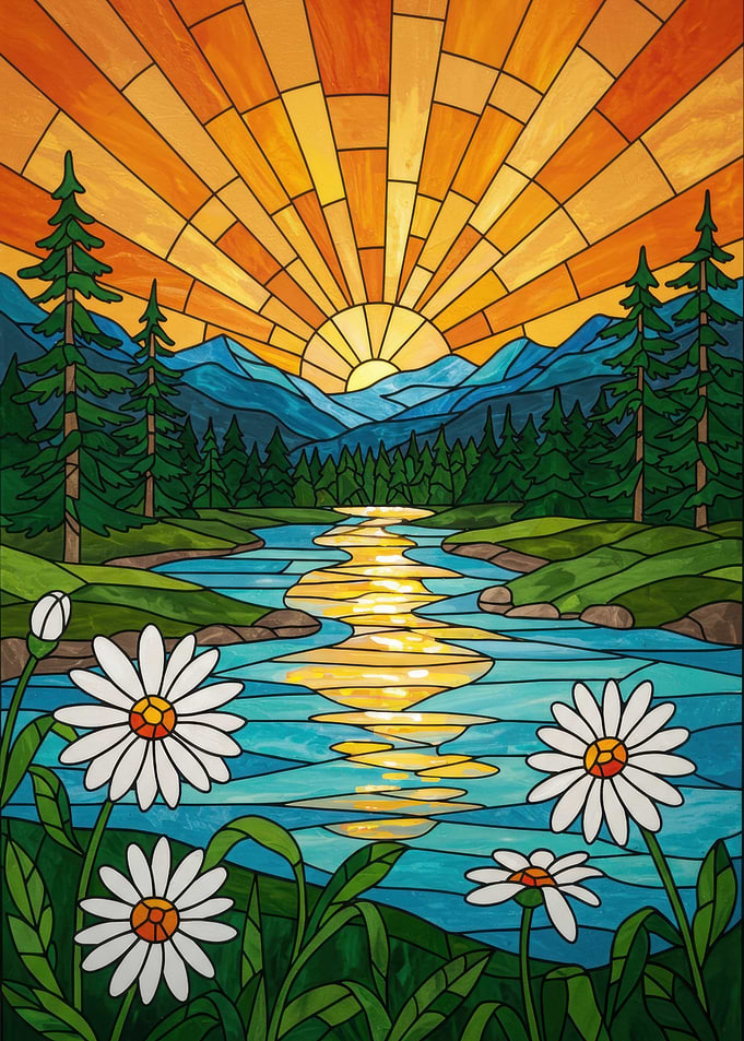 Stained Glass Landscape with Daisies