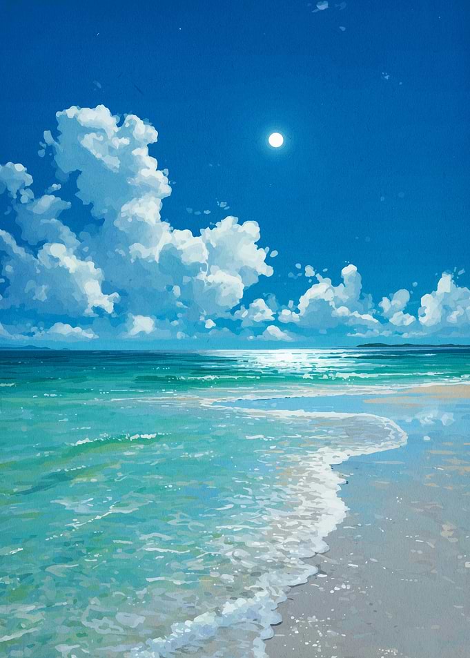 Turquoise Ocean Beach with Clouds