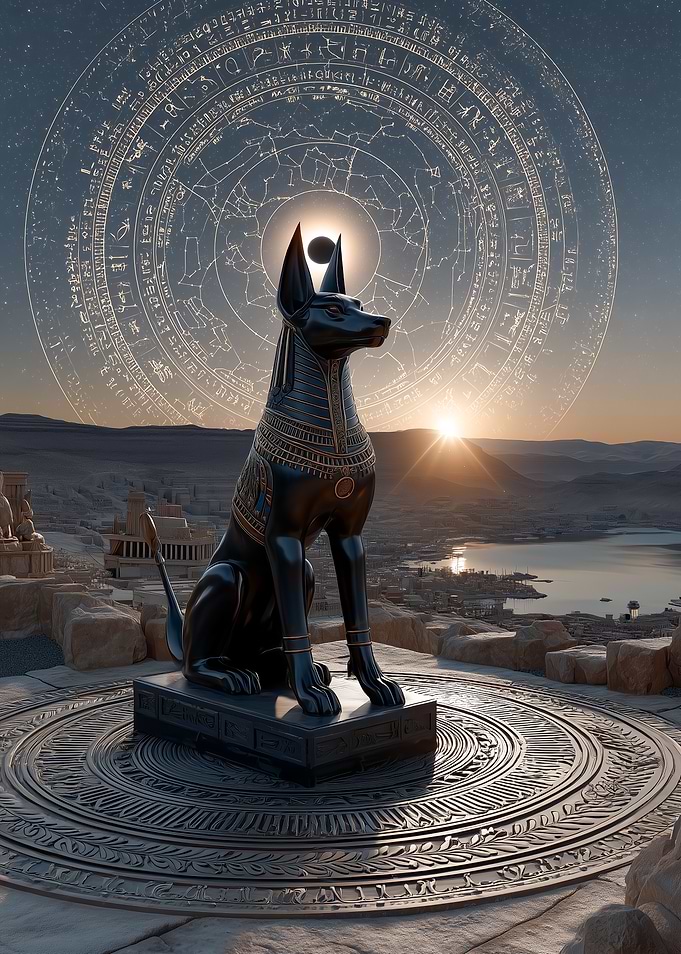 Anubis Statue with Hieroglyphic Circle
